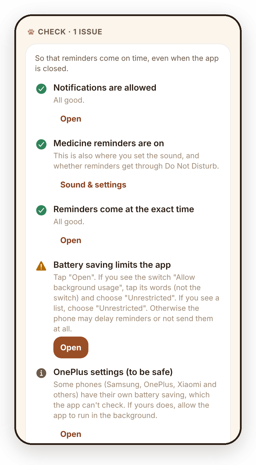 The checklist in the settings. Notifications, medicine reminders and exact alarms have green ticks. "Battery saving limits the app" has a warning, what to do, and an Open button.