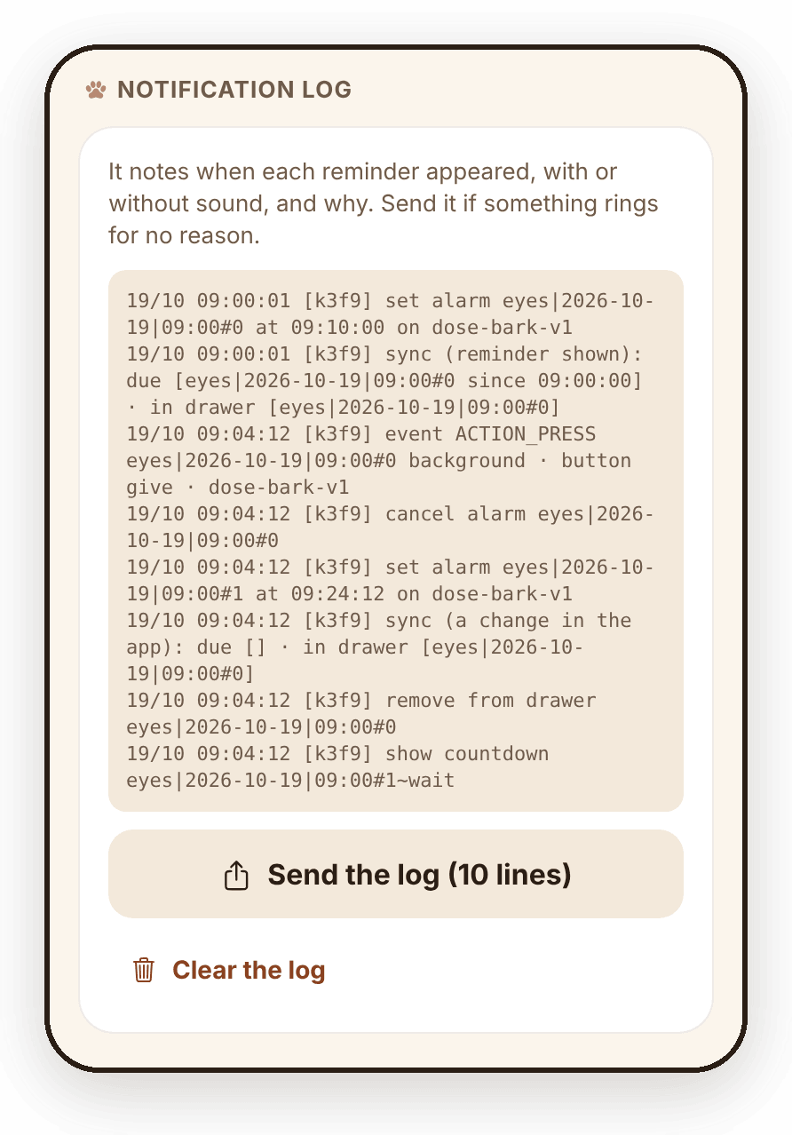 The notification log in the settings. Each line has the time, what happened and why: the Blinkdrops reminder showing, "I gave it" tapped on it, and the Tearshield reminder set for 20 minutes later.