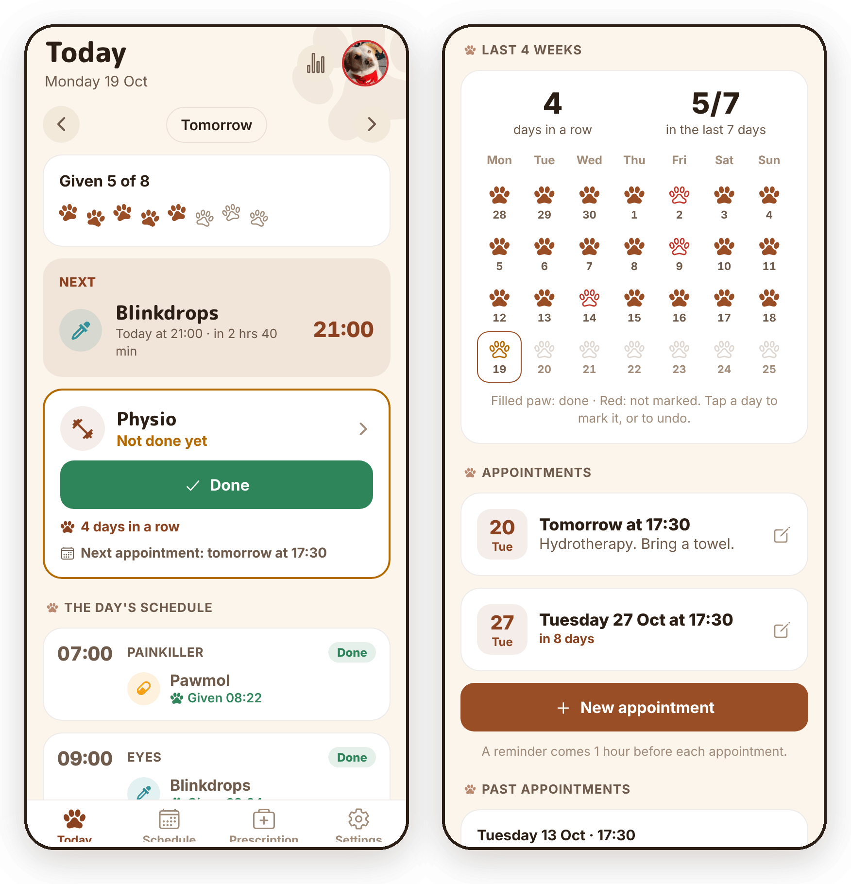 Left: the Today screen with the physio card: "Not done yet", a Done button, "4 days in a row" and the next appointment. Right: the last four weeks as paw prints, and the list of appointments.