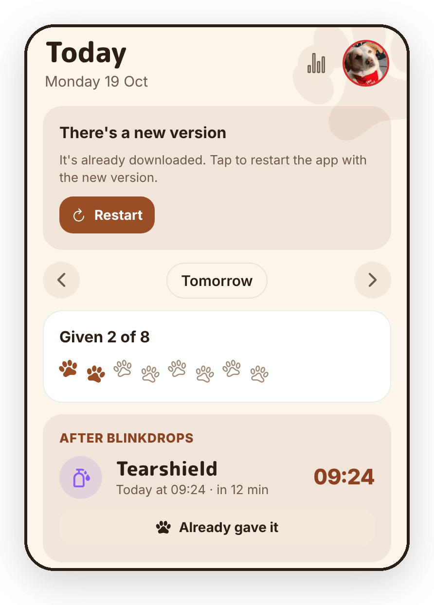 The Today screen with a card at the top: "There's a new version. It's already downloaded. Tap to restart the app with the new version." and a Restart button.